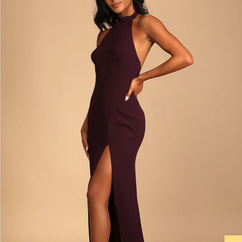 Lulu’s floor length PLUM halter dress, backless, with leg slit!